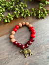 Red & Tan Beaded Bracelet w/ Elephant Charm