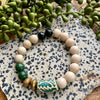 Green & Cream Krobo Beaded Stretch Bracelet w/ African Brass Accents