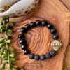 Black Lava & Agate Beaded Stretch Bracelet with African Brass Accent