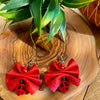 Red Leather & Cork Ruffle Earrings w/ Peace Accent