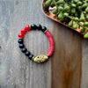 Red Jade, Onyx Agate & Red African Vinyl Beaded Stretch Bracelet with Brass Baule Accent