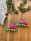 Pink, Aqua & Yellow Ankara Fabric Pillow Statement Earrings w/ Wood Accents