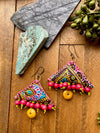Pink & Aqua Ankara Fabric Pillow Statement Earrings w/ Acai & African Glass Accents