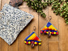 Red, Blue & Yellow Ankara Fabric Pillow Statement Earrings w/ Wood & Copper Cowrie Accents