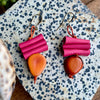 Orange Tagua Triangle & Pink Leather Bead Earrings