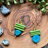 Teal & Green Tagua Triangle & Leather Bead Earrings